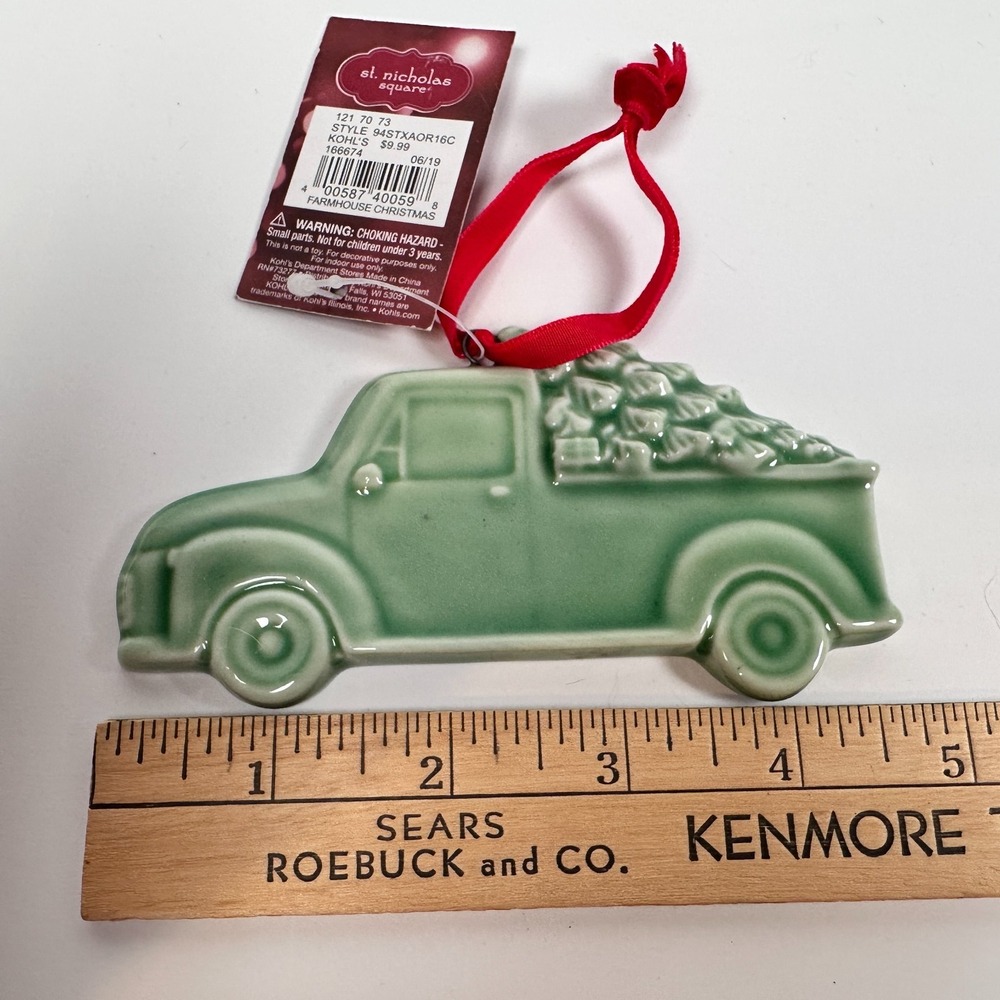 Farmhouse Christmas Green Porcelain Ornament Truck Christmas Trees Delivery NEW - Picture 3 of 8